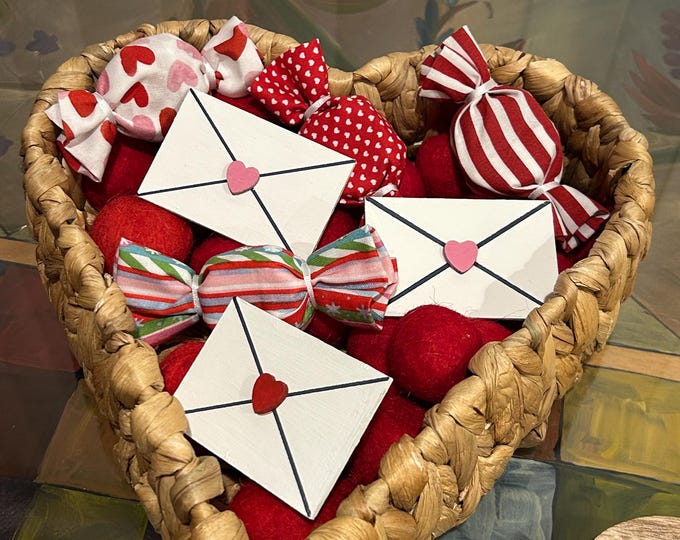 Set of Valentine's Day Bowl Filler Wood love letters 3D heart faux envelopes candies Wool Balls Red Pink White Fabric Tiered tray decor