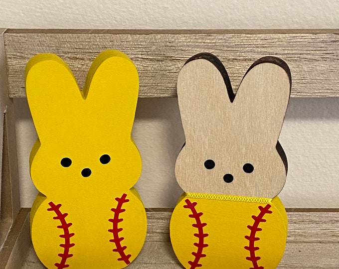 SOFTBALL SEASON - Softball Gift - Softball Wood Bunny - Softball Peep - Yellow and Red Softball Coach Gift Dad Gift Father's Day Gift Sport