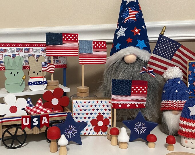 Patriotic Tiered Tray - Scrap Flag - Red White and Blue Standing  American Flag 4th of July Tiered Tray Decor Summer Decor Fabric  + Denim