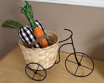 Buffalo Checkered Carrots set in tricycle basket spring decor tiered tray decor mantle decor Bicycle shelf sitter Mantel Decor bike