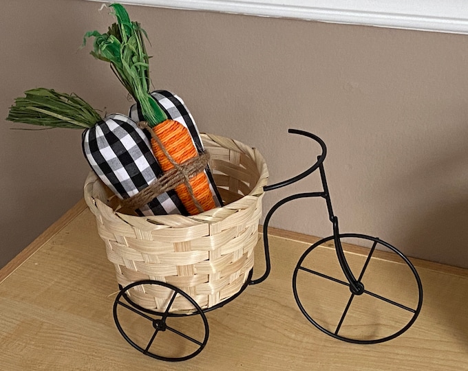 Buffalo Checkered Carrots set in tricycle basket spring decor tiered tray decor mantle decor Bicycle shelf sitter Mantel Decor bike