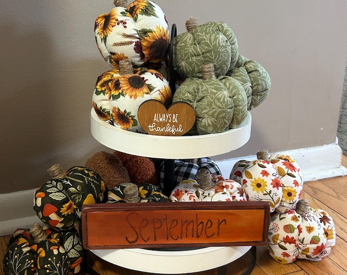 Set of 4 Fabric Pumpkins - Sunflower Pumpkin Set - Fall Decor - Pumpkin Decor - Mushrooms Pumpkins Sunflowers Green Decor Stuffed Pumpkin