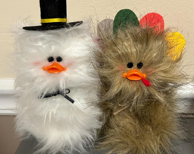 Frazzled Turkey DUCK duckling standing Tiered Tray Thanksgiving decor Fuzzy Turkey gift White Faux Fur Little Quacker cute little Turkey