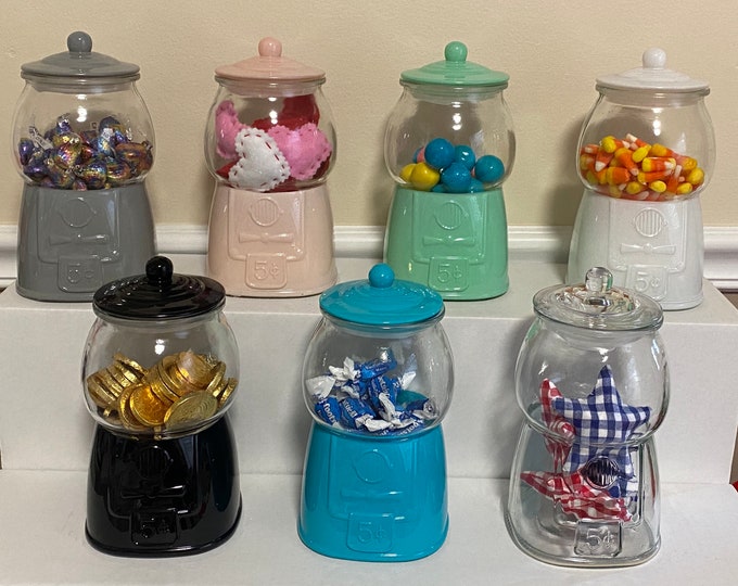 Assorted 8" Glass Gumball Machine Jar With Lid Candy Holder Cookie Jar Red Teal Mint Clear White Gray Choice of Color Kitchen Home Decor