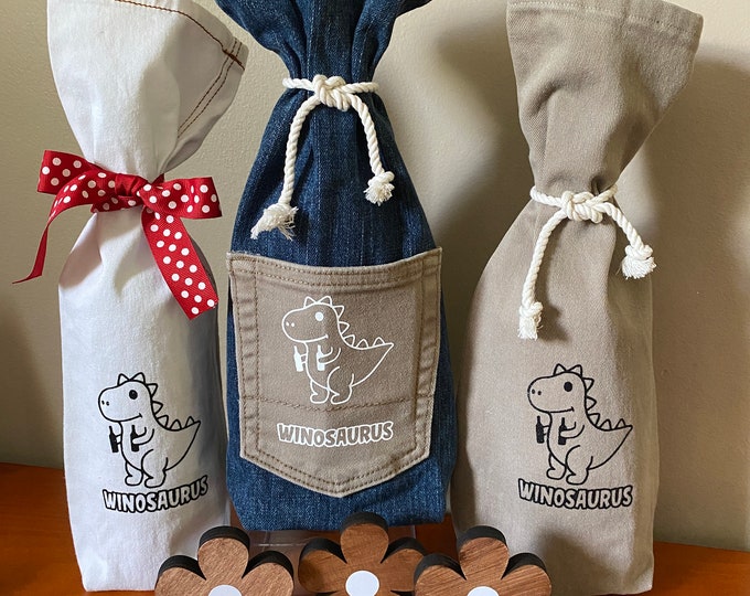 Denim Wine Bags - Set of Three Hostess Gifts - Sassy Friend Gift WINOSAURUS Fun way to Wrap Bottle of Wine Made From Jeans With Pockets