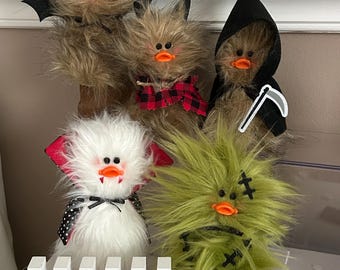 Frazzled Halloween Cute Creepy Ducklings Standing Faux Fur Fuzzy Little Duck Silly Halloween Ducks Bat Werewolf Dracula Reaper Frank Decor