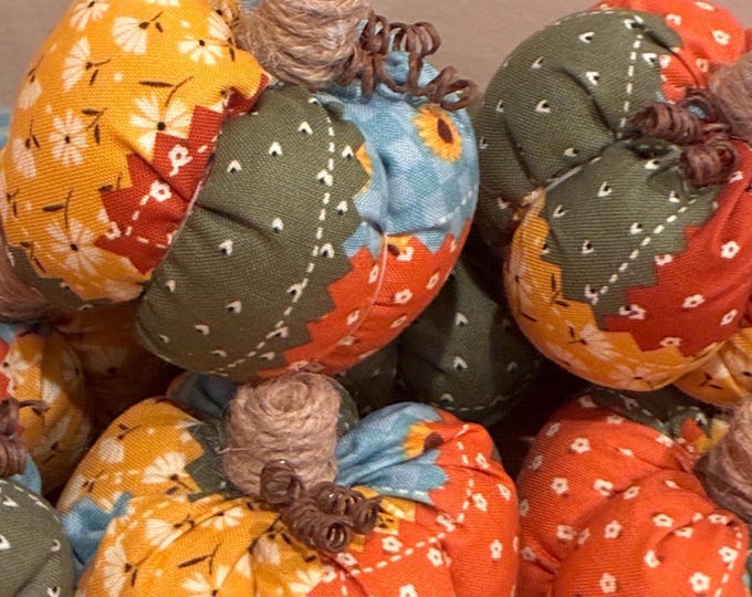 Patchwork Fabric Pumpkins - SET OF 3 - Fall Bowl Filler - Tiered Tray 3" Mini Stuffed Pumpkins With Jute Rope Stem Coiled Sunflower Daisy