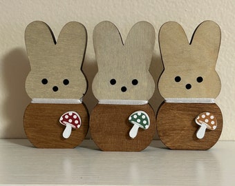 Mini Mushrooms - Mushroom Decor - Set of Wood Bunnies with Mushroom Accent- Tiered Tray Mushroom Polka Dot - Marshmallow Wood Bunny Mushroom