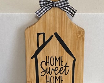Home Sweet Home - Mini Cutting Board for tiered tray - Mini Charcuterie Board Decor - kitchen decor- farmhouse decor - Buffalo checkered bow