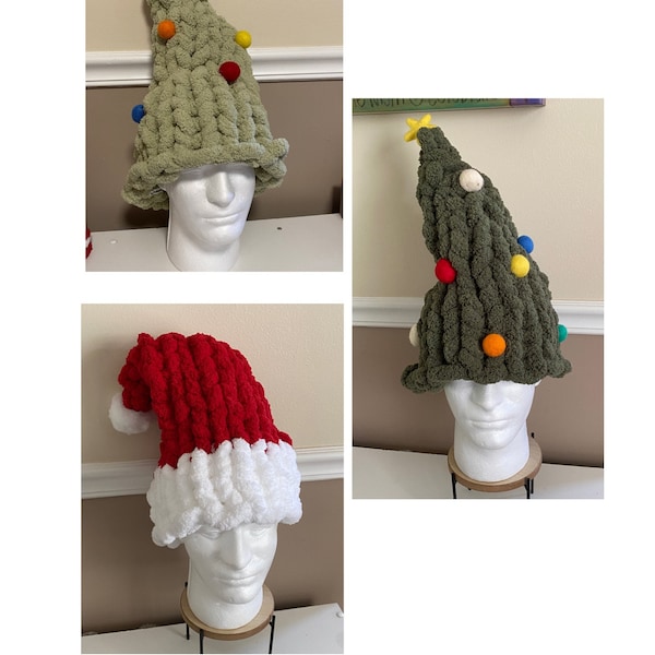 Chunky Yarn Santa Hat Hand Knitted Bulky Red and White Fun Santa Christmas Hat Choice of Silly Christmas Tree Hat Santa Hat READY TO SHIP!