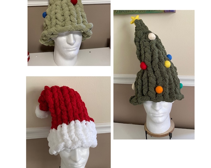 Chunky Yarn Santa Hat Hand Knitted Bulky Red and White Fun Santa Christmas Hat Choice of Silly Christmas Tree Hat Santa Hat READY TO SHIP!