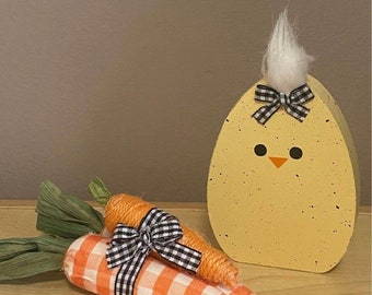 Speckled egg wood chick and buffalo checkered carrots set of tiered tray spring tray Easter decor