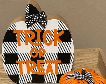 TRICK OR TREAT Buffalo checkered black and white wood table sign Halloween Fall tiered tray decor pumpkin decoration set of two Farmhouse
