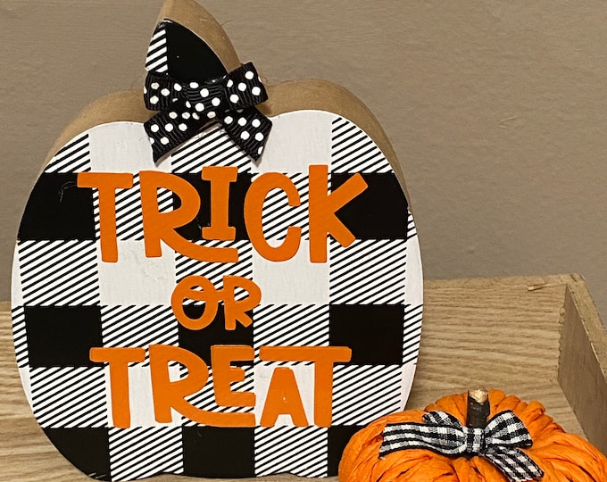 TRICK OR TREAT Buffalo checkered black and white wood table sign Halloween Fall tiered tray decor pumpkin decoration set of two Farmhouse