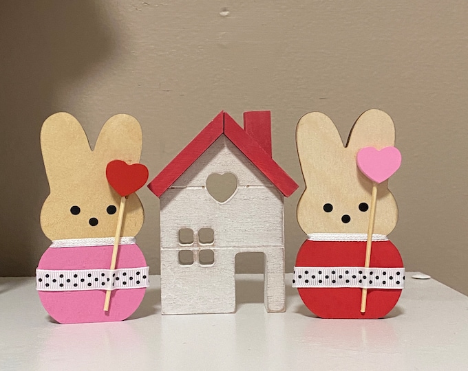 Valentine's Day Tiered Tray Decor Set - Valentine Wood Bunnies Wood Heart Pink and Red Bunny with Valentine House Love Bunny Couple