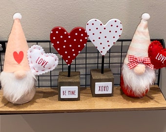 Set of 4 Valentines Day Decor Items Love Gnome Heart Gnome Rae Dunn Font  Polka Dot Wood Be Mine XOXO Gnomes Hearts tiered tray Decor Items