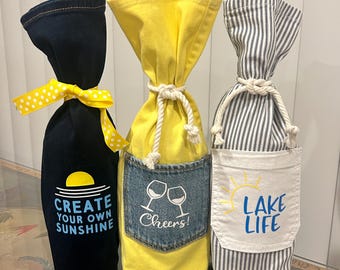 Lake House Decor - Lake Life - Set of Three Wine Bags Made from jeans - Denim Gift Bags Set of 3 for gifts or Bar Decor Wrap Bottle  Pockets