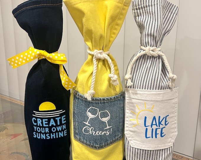 Lake House Decor - Lake Life - Set of Three Wine Bags Made from jeans - Denim Gift Bags Set of 3 for gifts or Bar Decor Wrap Bottle  Pockets