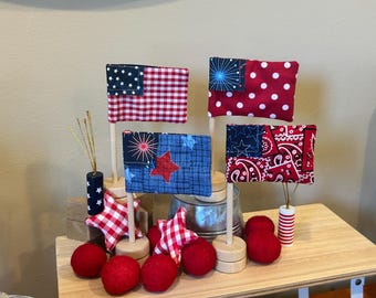 Standing Fabric Flags - Patriotic Decor - Flag for Tiered Tray - Red White and Blue - Stars and Stripes - Polka Dot - Bandana - Checkered 6"