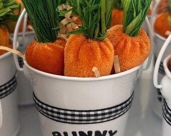 Bunny Bait - Spring Decor - Carrots in Bucket - Easter Tiered Tray - Spring Tiered Tray Orange Velvety Plush Carrots White Pail Bucket Plaid