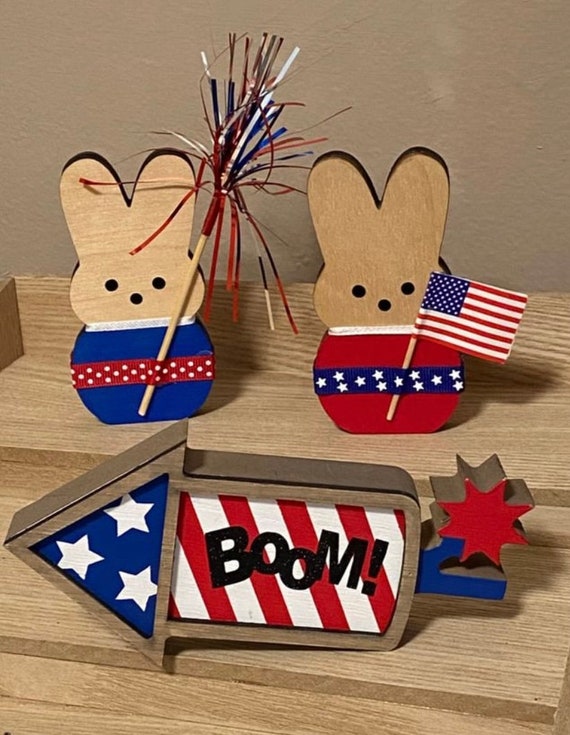 3 piece set - July 4th Tiered Tray Decor - Patriotic Peep - Wood Bunnies BOOM Firecracker wooden tabletop sign Set of summer decorations