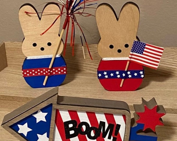 3 piece set - July 4th Tiered Tray Decor - Patriotic Peep - Wood Bunnies BOOM Firecracker wooden tabletop sign Set of summer decorations