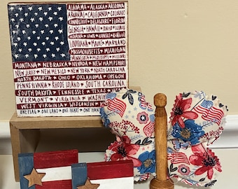 American Flag Fabric Clothespin Butterfly Options + Wood Sign for tiered tray 50 States America 250  July 4th Patriotic Decor Red White Blue