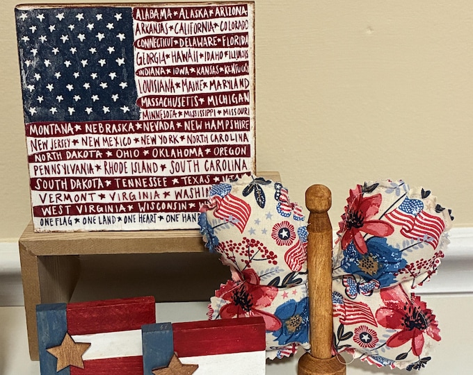 American Flag Fabric Clothespin Butterfly Options + Wood Sign for tiered tray 50 States America 250  July 4th Patriotic Decor Red White Blue