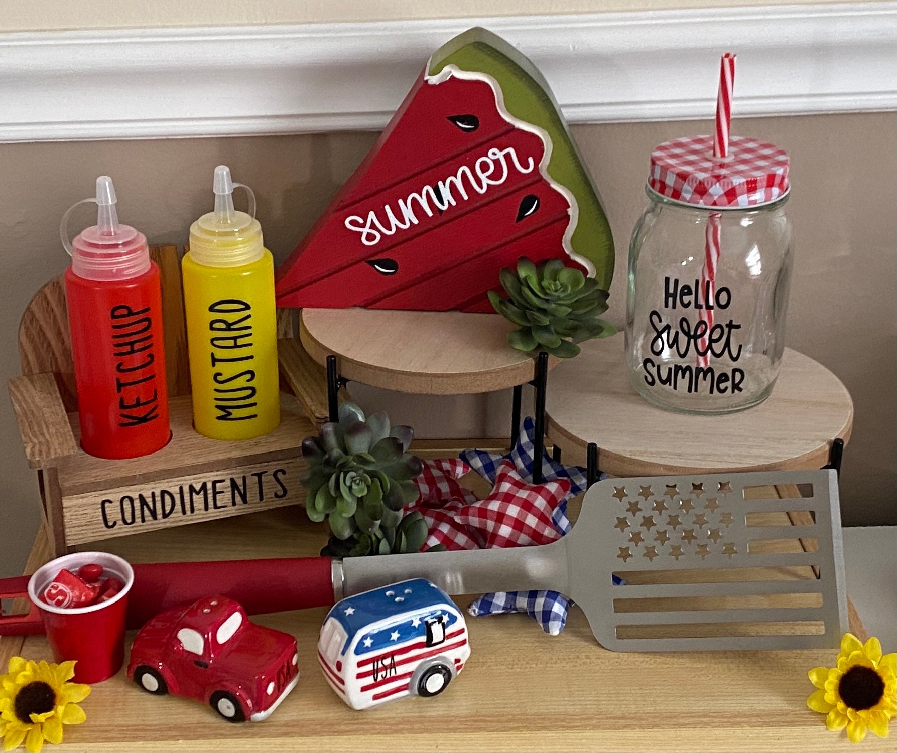 Wood bench condiment caddy organizer ketchup mustard bottles Etsy