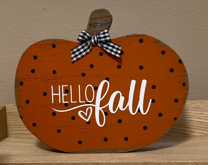 Polka dot wooden pumpkin HELLO FALL tiered tray fall decor sign seasonal decoration Buffalo checkered ribbon tabletop