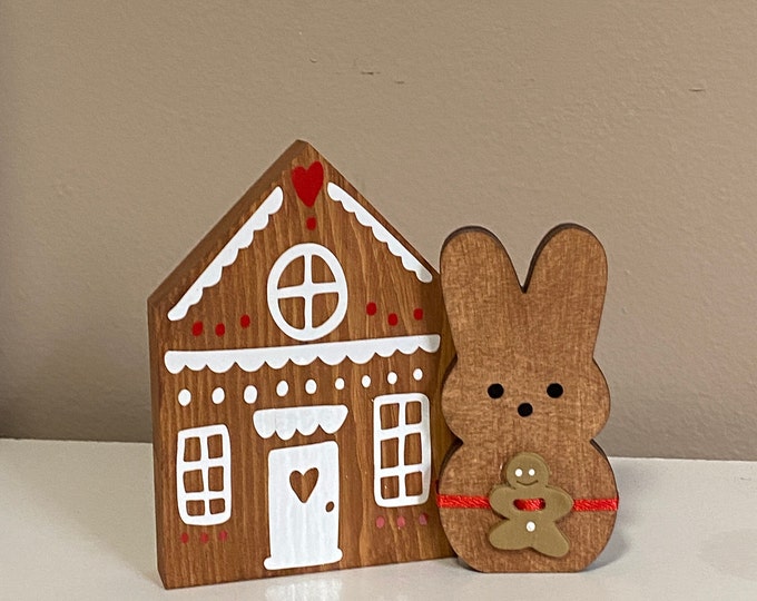 Gingerbread House and Gingerbread Man Wood Bunny - Two Piece Wood Gingerbread Set - Candy House Christmas Decor - Gingerbread Tiered Tray