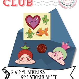 May include: A Snail Mail Club set featuring a sticker sheet with a purple heart, green clover, corn, and orange fish. Includes two vinyl stickers of characters with strawberry and flower hats, plus a brown wax seal on a blue envelope background.