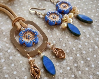 Hand Painted Boho Style Handmade Gift Boxed Matching Set Genuine Leather Tooled Gift Set of Leather Jewelry Earrings and Necklace