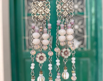 SHOULDER DUSTER EARRINGS  with beads fancy shiny beadwork sparkly long party earrings bohemian wedding feast chandelier earrings