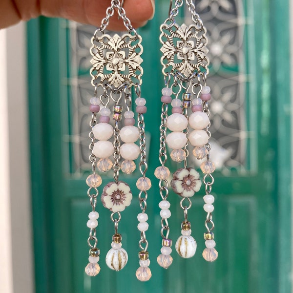 SHOULDER DUSTER EARRINGS  with beads fancy shiny beadwork sparkly long party earrings bohemian wedding feast chandelier earrings