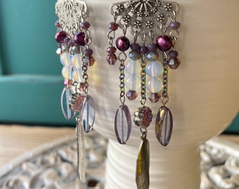 SHOULDER DUSTER EARRINGS oversize handmade purple color,big feminine maximalist earrings for women ,artisanmade jewelry from Cyprus,