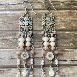 Chandelier Earrings For Women in White and Silver Color - Boho-Chic Beaded Shoulder Duster Earrings - Long Rustic Earrings with Glass Beads