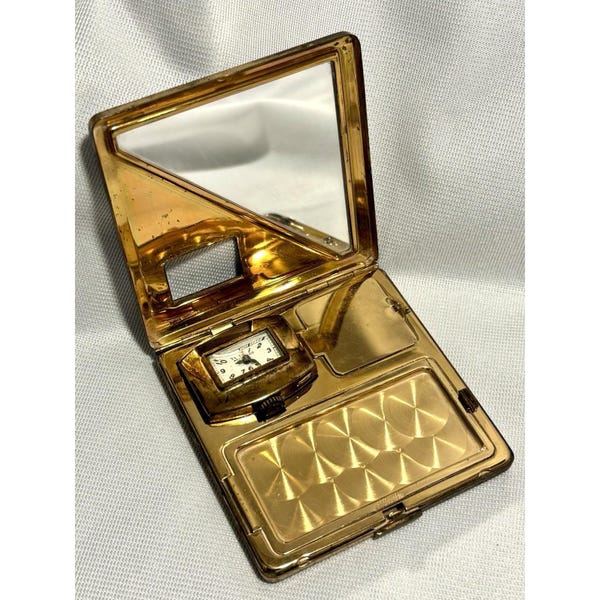 Estuche de maquillaje compacto vintage de Illinois Watch Case Co. con reloj Wellwood