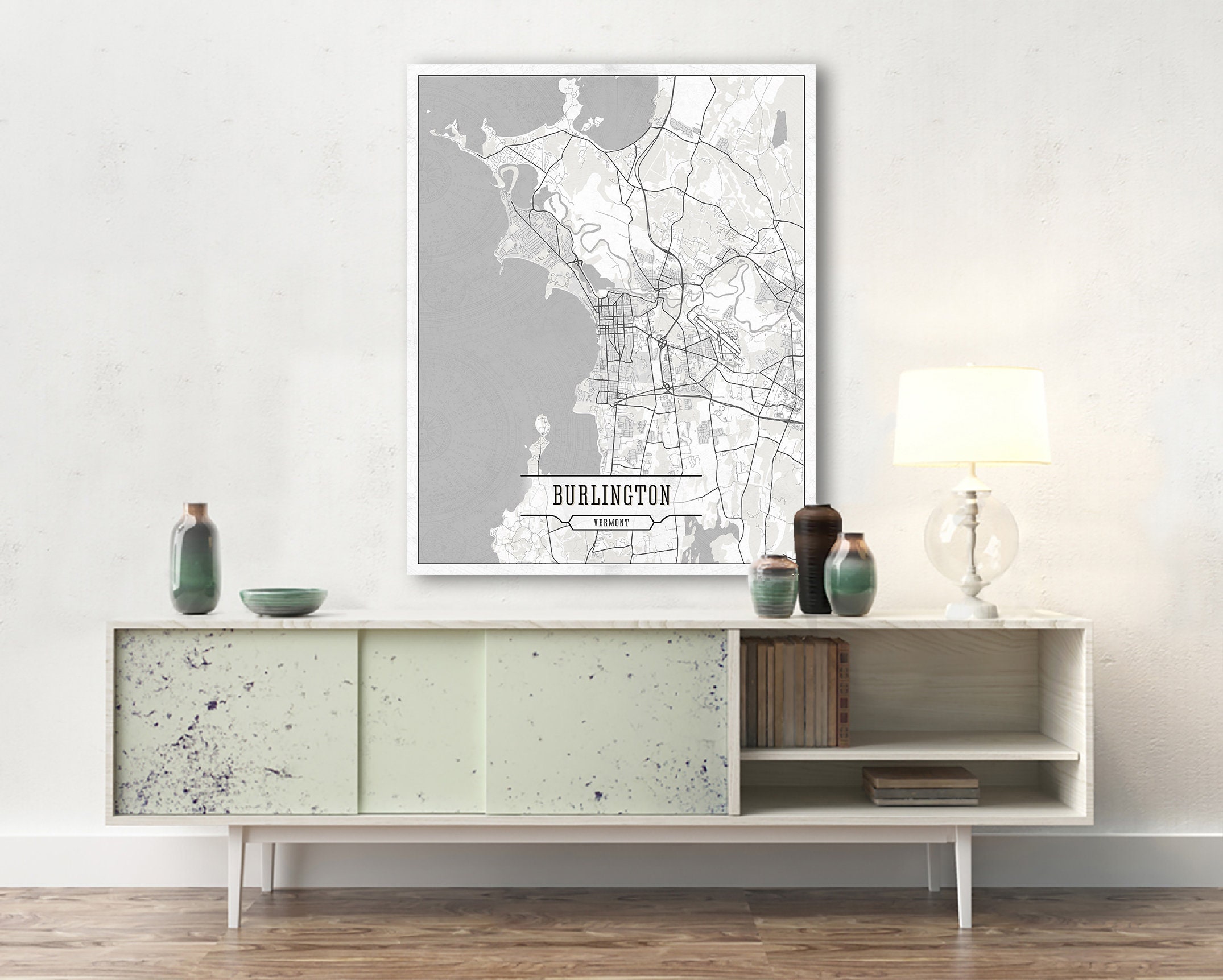 BURLINGTON VT Canvas Map Vermont Large Wall Art Light White Etsy