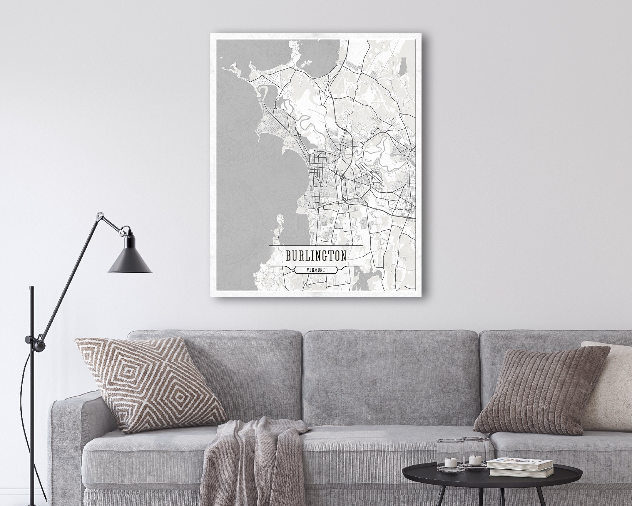 BURLINGTON VT Canvas Map Vermont Large Wall Art Light White Etsy