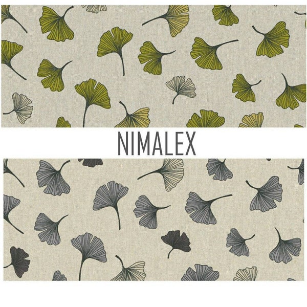 Decorative fabric linen look cotton sold by the meter, versatile for bags, cushions etc. with ginkgo leaf pattern green-yellow or gray