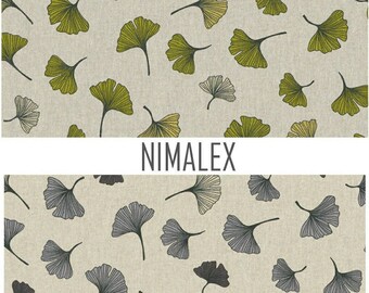 Decorative fabric linen look cotton sold by the meter, versatile for bags, cushions etc. with ginkgo leaf pattern green-yellow or gray