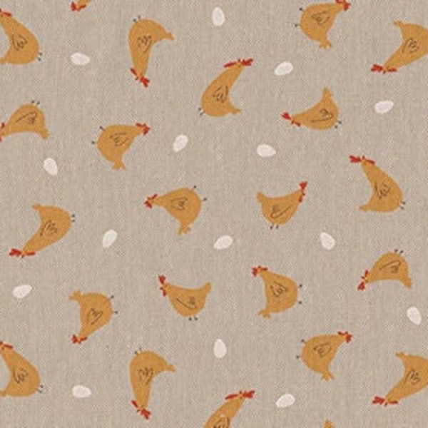 Tissu déco Pâques 2024 vendu au mètre de 50 cm x 140 cm pour nappes, coussins et bien plus encore. Couleur : lin naturel orange rouge blanc | Petit poulet heureux