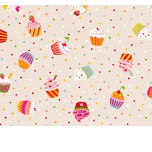Tissu décoratif aspect lin coton vendu au mètre polyvalent pour rideaux, sacs, coussins etc. cupcakes sucrés rigolos, colorés et ludiques image 1