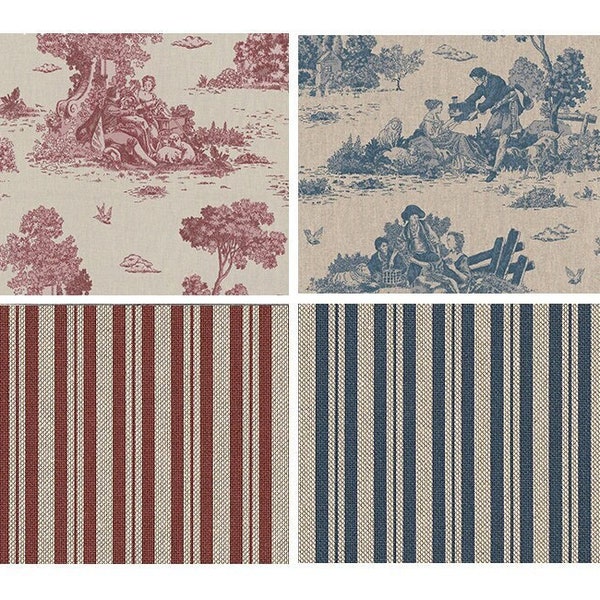 Tissu décoratif Linenlook Premium | pour nappes, oreillers, rideaux | Scène de berger classique de Provence ou scène à rayures classique | Rouge ou bleu