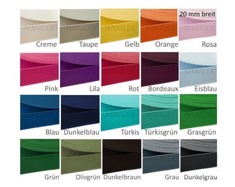 Bande élastique 22 couleurs de 20 mm de large | par exemple pour les ceintures | à partir de 1 m | beaucoup de couleurs | Vendu au mètre pour vêtements | élastique plat durable