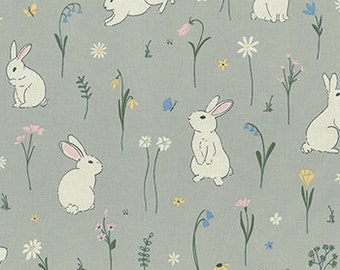 Decorative fabric Easter fabric 2024 | Cotton by the meter | Color: Soft green, pastel yellow, white, blue, pink, dark green | Cute Rabbit Garden