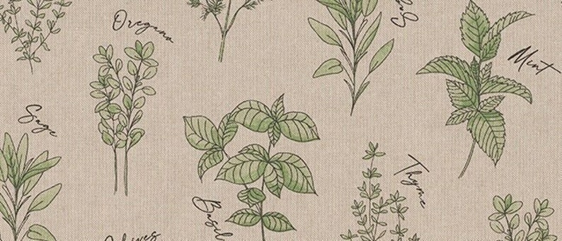 Decorative fabric linen look cotton Sold by the meter for curtains, bags, cushions and much more. Color: natural linen green black Herbal Culinary Kitchen image 1