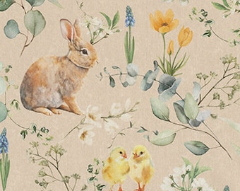 Elegant decorative fabric 100% cotton sold by the meter | Digital Print | Easter | Color: Sand Green Yellow Brown Soft Blue White Black | Happy Spring Scene