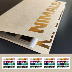 Può includere: Un catalogo color beige con il testo dorato "NIM ALEX" sulla copertina. Il catalogo è aperto, rivelando campioni di colore e il testo "18 - SCHWARZ". Una tavolozza di colori di campioni di tessuto in basso.